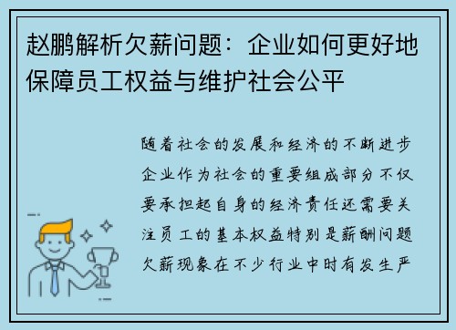 赵鹏解析欠薪问题：企业如何更好地保障员工权益与维护社会公平